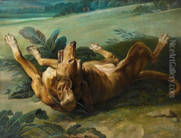 A Hound In A Landscape, Huntsmen And Theirdogs In The Distance Oil Painting - Alexandre-Francois Desportes