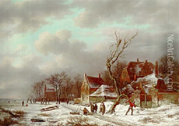 A Winter Landscape With Figures Along A Frozen Canal Oil Painting - Pierre Francois de Noter