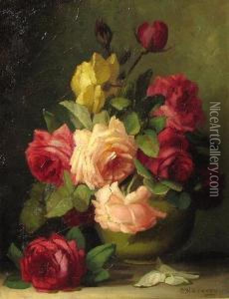 A Still Life Of Roses In A Vase Oil Painting - George W. Seavey