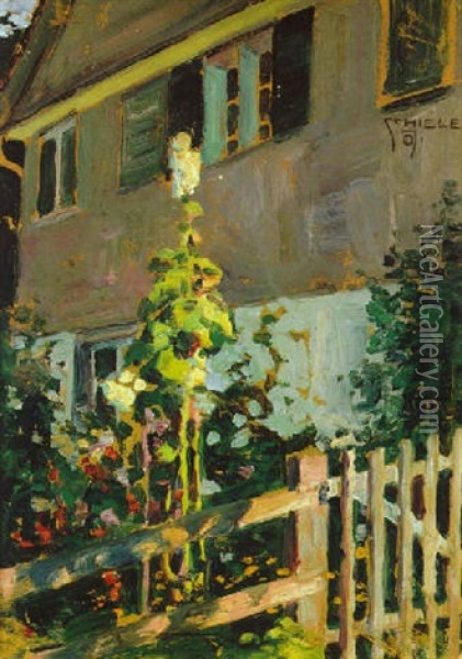 Haus Mit Bluhenden Malven, Bregenz Oil Painting - Egon Schiele