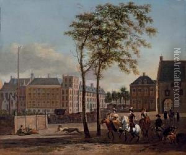 The Plaats With The Buitenhof 
And The Gevangenpoort, The Hague, With An Elegant Hawking Party Oil Painting - Gerrit Adriaensz Berckheyde