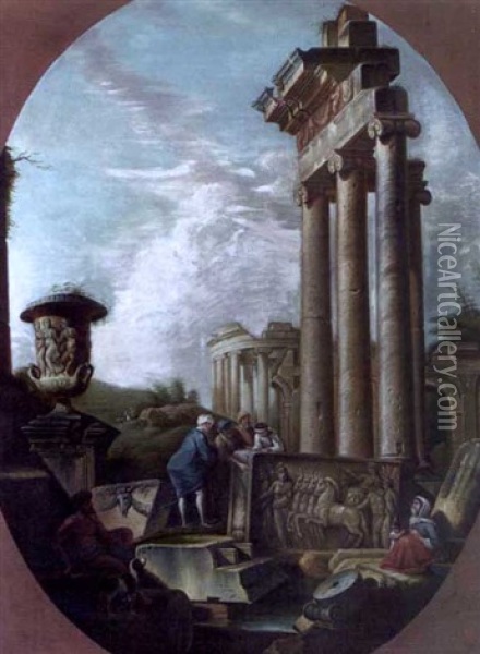 Architectural Capriccio Of Classical Ruins With Figures Inspecting A Stone Relief Oil Painting - Giovanni Paolo Panini