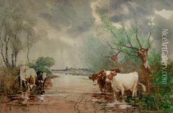 Cattle Watering In A Tranquil River Landscape Oil Painting - Hutton Mitchell
