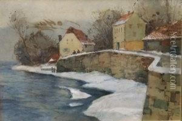 River Village Landscape In Winter Oil Painting - Aleksei Vasilievich Hanzen