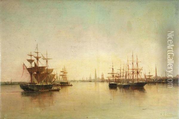 Abendliche Hafeneinfahrt Mit Zahlreichen Segelschiffen Oil Painting - E.G. Jaboneau