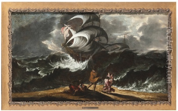 Mare In Tempesta Con Veliero E Personaggi Sugli Sogli Oil Painting - Pedon Bartolomeo