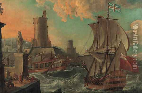 A British Man-of-War entering a Harbor in stormy Seas Oil Painting - Dutch School