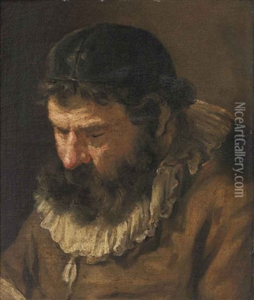 Head Of A Bearded Man, Wearing A Skull Cap, Reading Oil Painting - Ferdinand Bol
