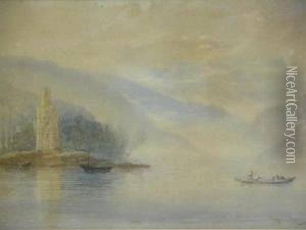 A Misty Morning With Boat Crossing The Loch Oil Painting - George Whitaker