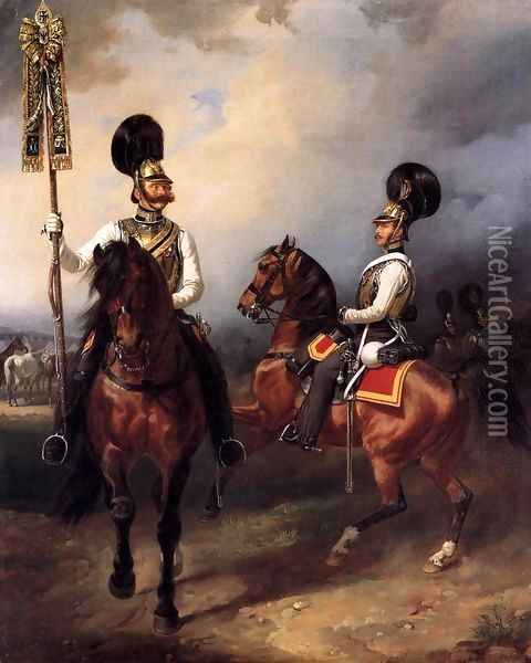 Two Cuirassiers from the Regiment of Czar Nicholas I Oil Painting - Franz Kruger