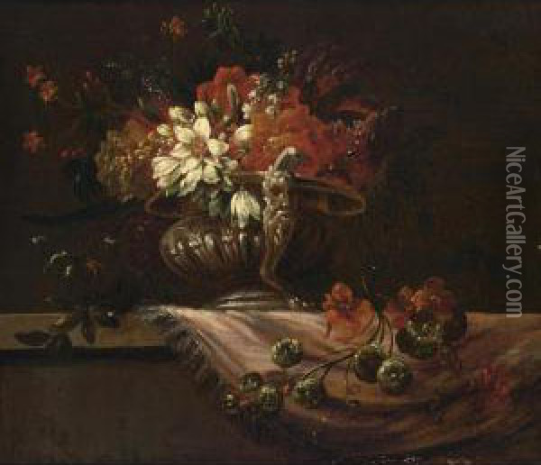 A Still Life With Poppy Anemones, Lilies And Other Flowers In A Sculpted Vase On A Ledge Covered With A Table Cloth Oil Painting - Jacobus Melchior van Herck