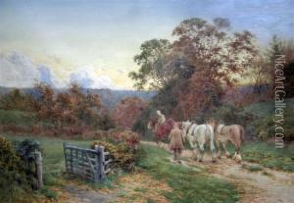 Plough Horses On A Lane Oil Painting - Charles James Adams