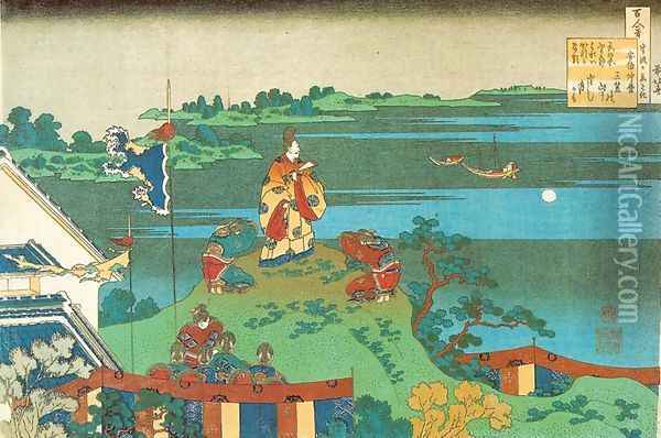 Nakamaro Watching the Moon from a Hill (Abe no Nakamaro) Oil Painting - Katsushika Hokusai