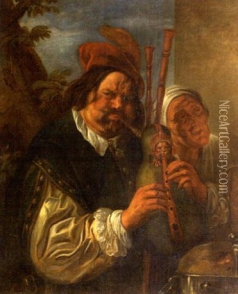 Joueurs De Cornemuse Accompagne D'une Femme Agee Oil Painting - Jacob Jordaens