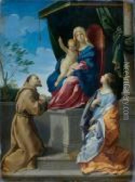 Vierge A L'enfant Sur Un Trone, A Leurs Pieds Sainte Catherine Et Saint Francois Oil Painting - Guido Reni