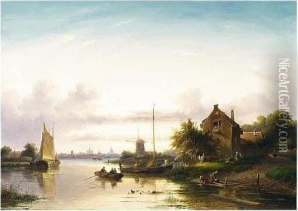 An Extensive River Landscape At Dusk Oil Painting - Jan Jacob Coenraad Spohler