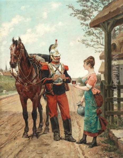 Refreshment For A Cavalryman Oil Painting - Paul Leon Jazet