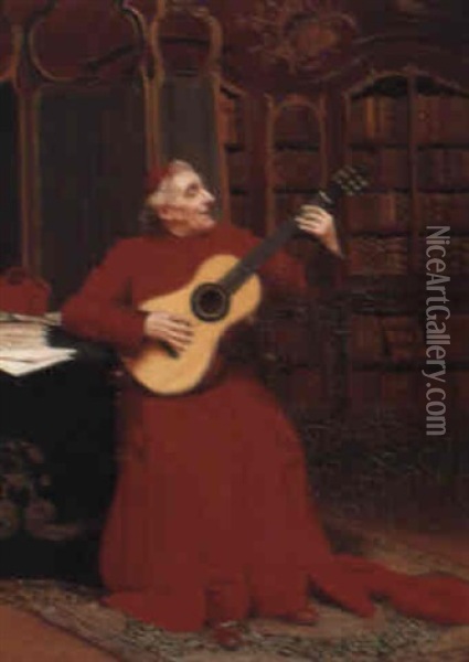 A Cardinal Playing The Guitar Oil Painting - Georges Croegaert