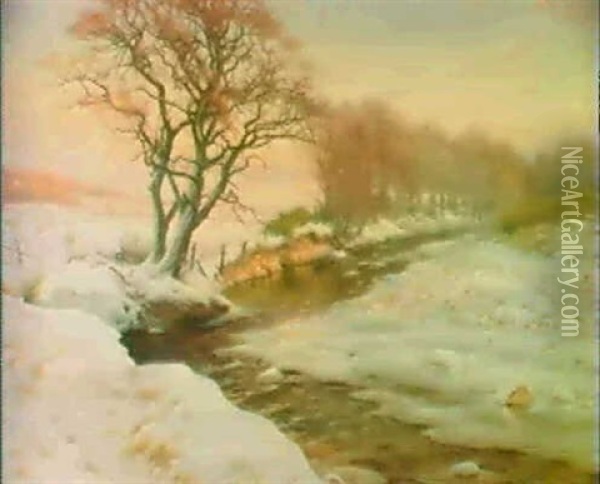 Sheep By A River, Winter Oil Painting - Joseph Farquharson