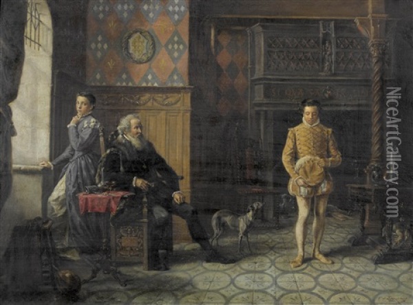 Historisierendes Schlossinterieur Mit Einer Familie Oil Painting - Theodore De Saussure