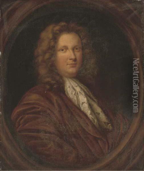 Portrait Of A Gentleman, Quarter-length, In A Brown Coat And Whitecravat, In A Feigned Cartouche Oil Painting - Simon Dubois