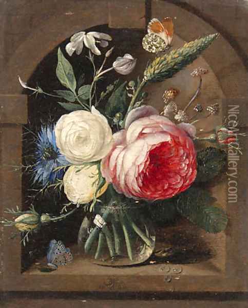 Roses, a cornflower and wildflowers in a vase with two butterflies in a niche Oil Painting - Gaspar Peeter The Elder Verbruggen