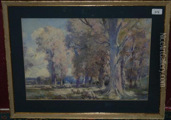 Landscape Study With Sheep Grazing Among Trees Oil Painting - George Robert Rushton