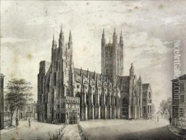 South View Of Canterbury Cathedral Oil Painting - Louis Laurant Raze