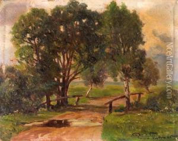 Pejzaz Z Mostkiem Miedzy Drzewami Oil Painting - Paul Thomas