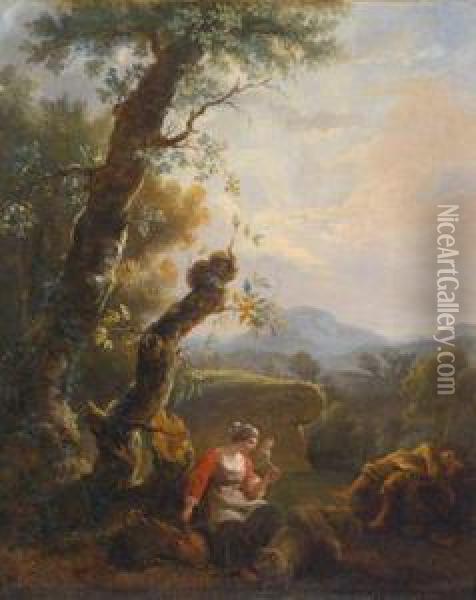 Eine Bauerin Mit Einem 
Spinnrocken Und Ein Schlafender Bauer In Einer Bewaldeten Landschaft Oil Painting - Adam Pynacker