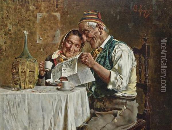 Reading The Newspaper Oil Painting - Eugenio Zampighi