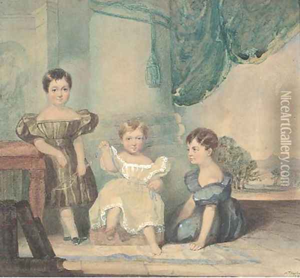 Group portait of three children, seated by a pillar, a landscape beyond Oil Painting - Robert Thorburn