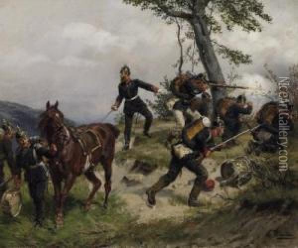 Soldiers In Battle On A Hillside. Signed Bottom Right: E. Hunten Oil Painting - Emil Hunten