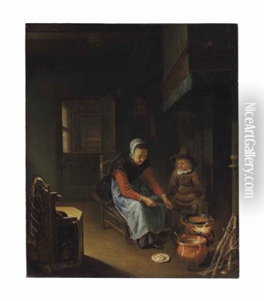 A Woman Cooking Pancakes With A Young Boy Before A Hearth Oil Painting - Pieter Cornelisz van Slingeland