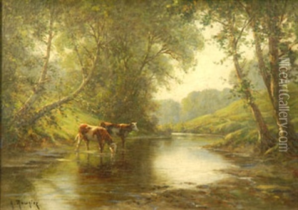 Vaches S'abreuvant Oil Painting - Georges Philibert Charles Maroniez