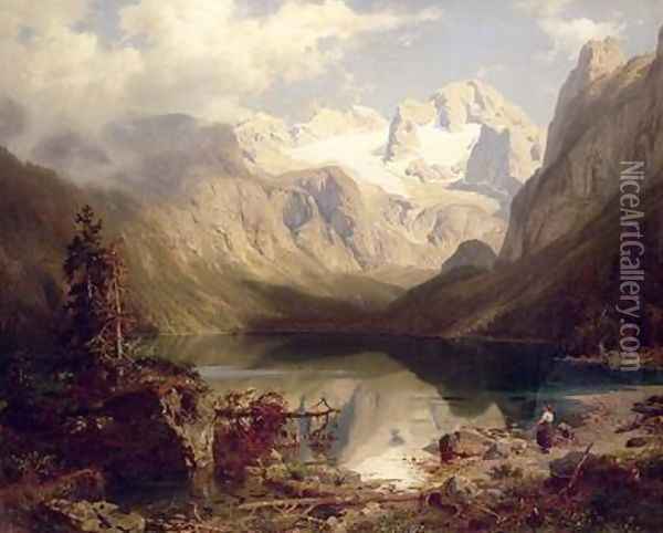 An Extensive Alpine Lake Landscape Oil Painting - August Wilhelm Leu