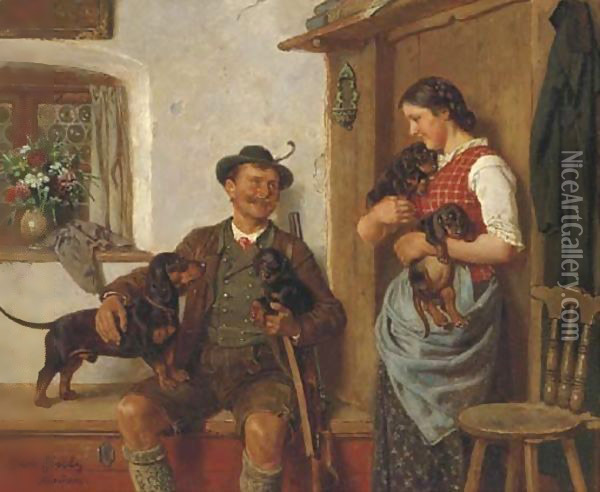 Admiring the puppies Oil Painting - Adolf Eberle