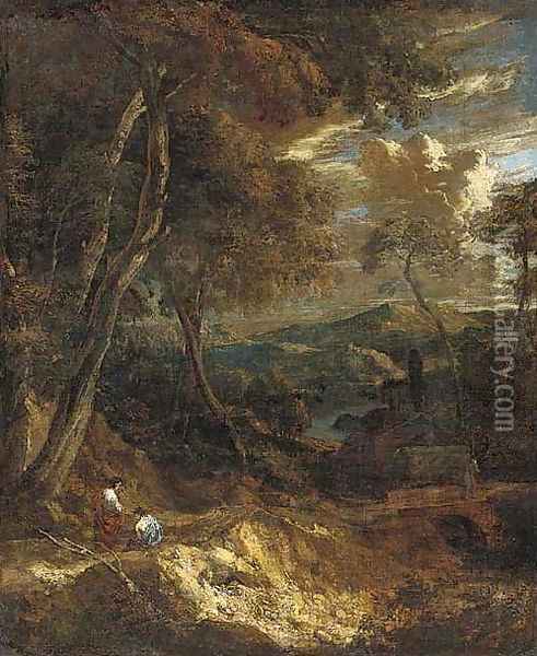A wooded landscape with figures on a track Oil Painting - Cornelis Huysmans