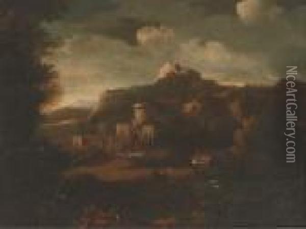 A Classical Landscape With A Figure And Dog Resting On Atrack Oil Painting - Gaspard Dughet Poussin