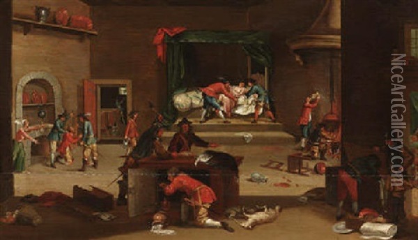 Plundernde Soldaten In Einem Burgerhaus Oil Painting - Jean-Thomas (Nicolas V) Kessel