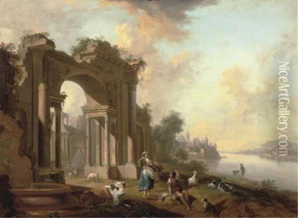 An Architectural 'capriccio' With A Shepherd And A Washerwoman By A River, A Town Beyond Oil Painting - Christian Georg Ii Schuz