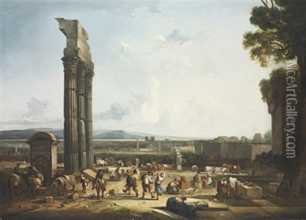 An Extensive Capriccio Landscape With Peasants Desporting Themselves By The Baths Of Caracalla, A View Of Rome Beyond Oil Painting - Thomas Barker