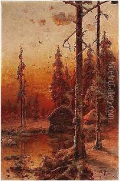 Izba On A Winter's Evening Oil Painting - Iulii Iul'evich (Julius) Klever