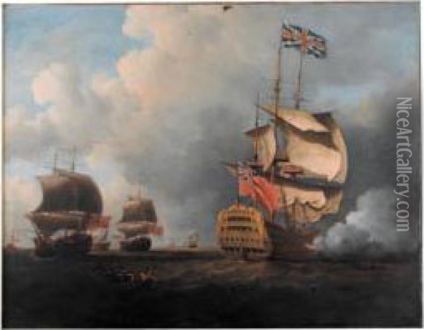 A Flagship Shortening Sail Oil Painting - Samuel Scott