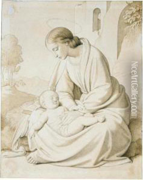The Madonna And Child In A Landscape Oil Painting - Johann Friedrich Overbeck