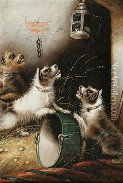 Terriers Ratting Under A Barrel Oil Painting - Edward Armfield
