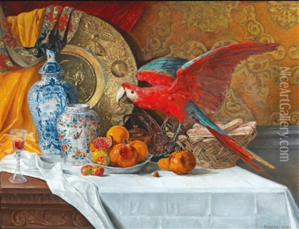 Large Still Life With Parrot Oil Painting - Adrien Moreau