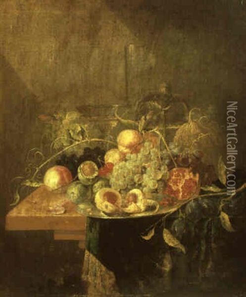 Still Life With Fruit, A Prawn, A Silver Plate And Glasses On A Table Oil Painting - Alexander Coosemans