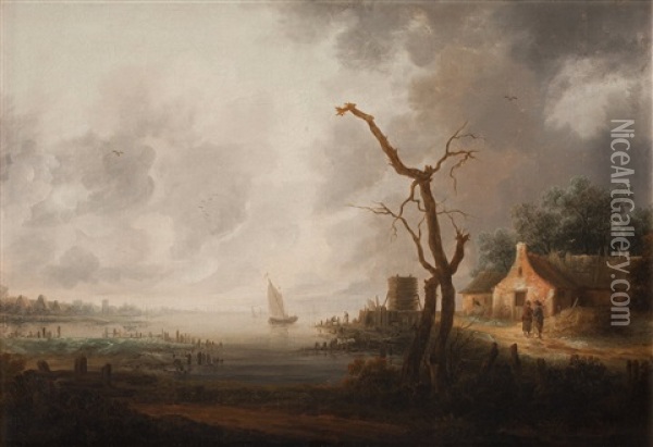 A Ship By The Coast And Figures Outside A Building Oil Painting - Francois Van Knibbergen