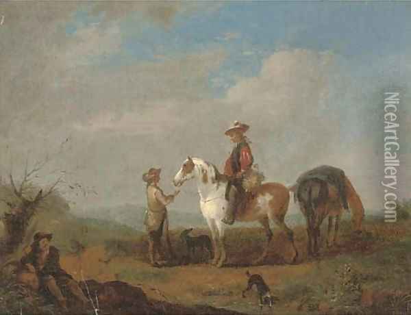 Travellers at halt in a landscape Oil Painting - August Querfurt